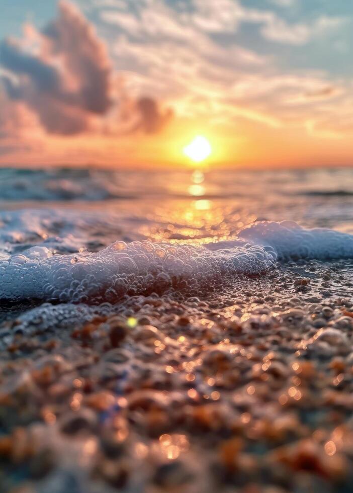 Sunset Over Ocean Waves Reflecting Colors at Beach During Golden Hour photo