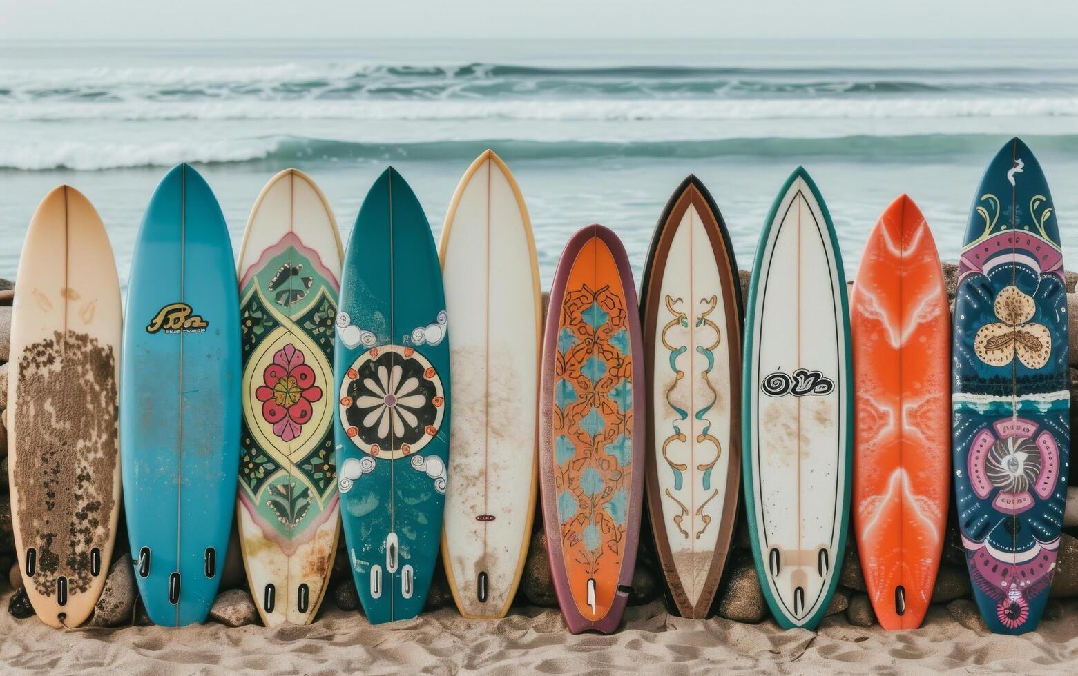 Colorful Surfboards Lined Up on Pebbly Beach Under Sunny Sky in Coastal Location photo