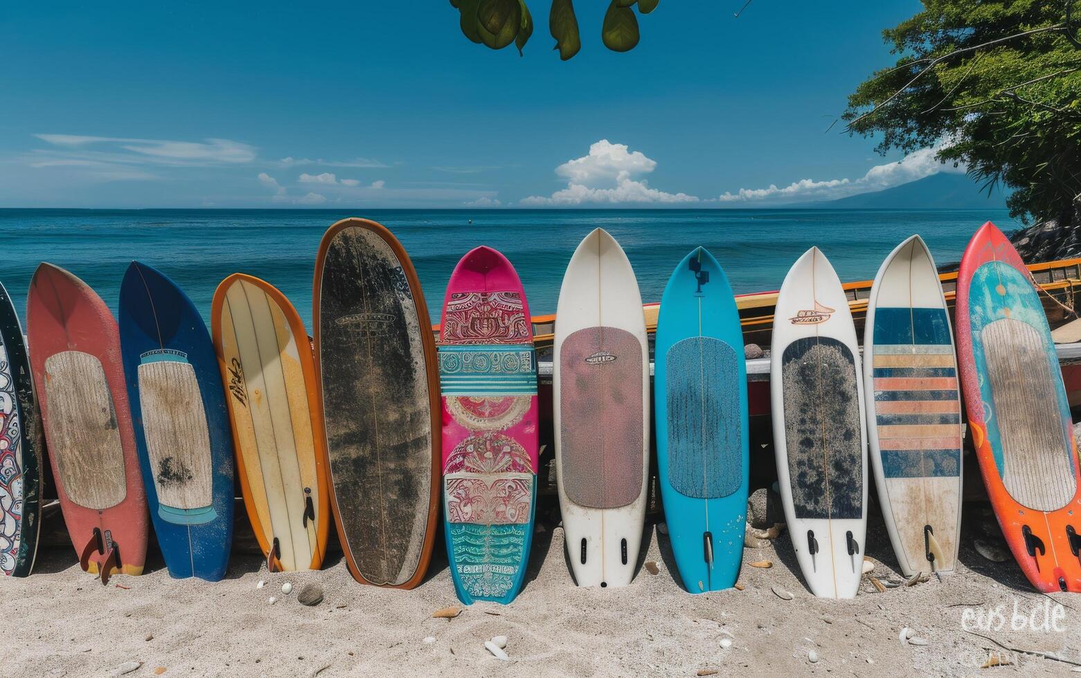 Colorful Surfboards Lined Up on Pebbly Beach Under Sunny Sky in Coastal Location photo