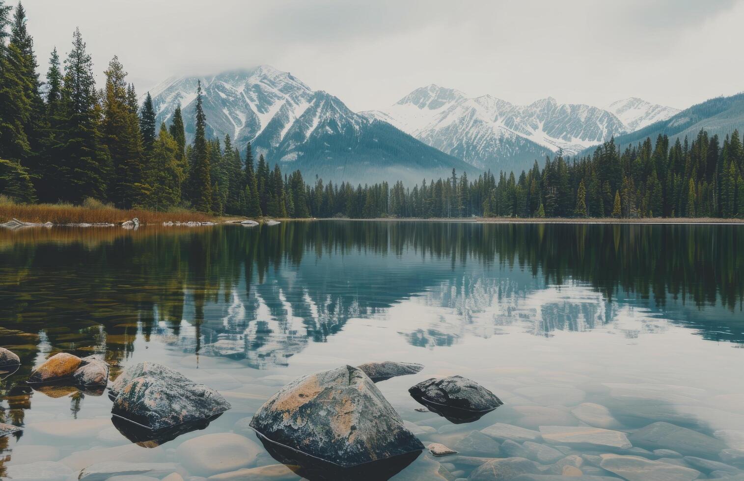 Majestic Mountains Reflected in Calm Lake Surrounded by Evergreen Forest photo