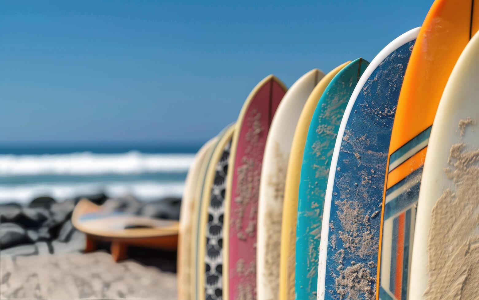 Colorful Surfboards Lined Up on Pebbly Beach Under Sunny Sky in Coastal Location photo