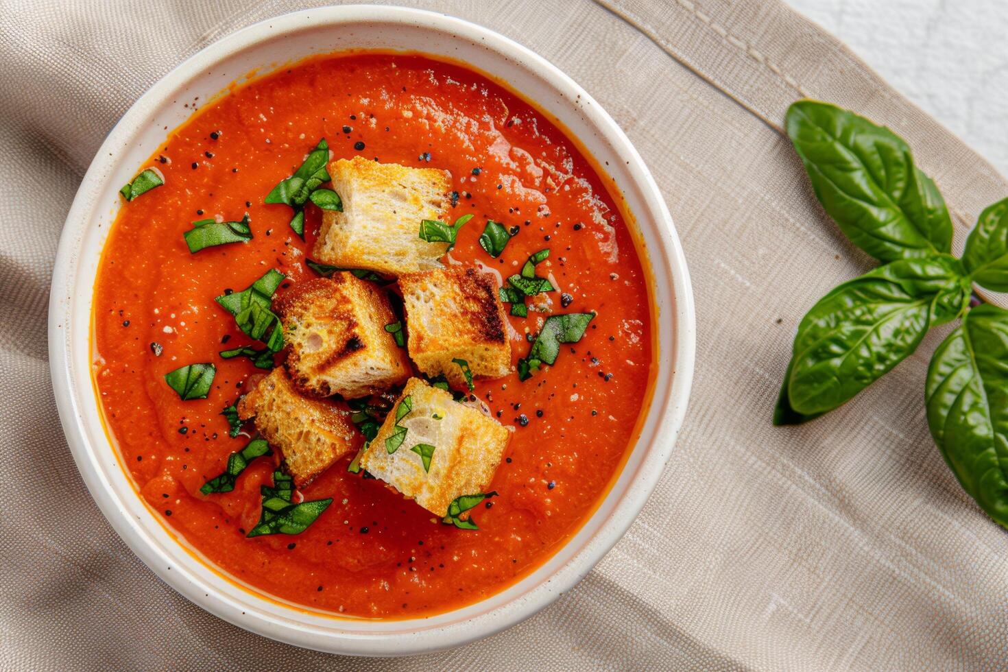 Fresh Tomato Soup With Crispy Croutons and Basil on a Light Cloth Background photo
