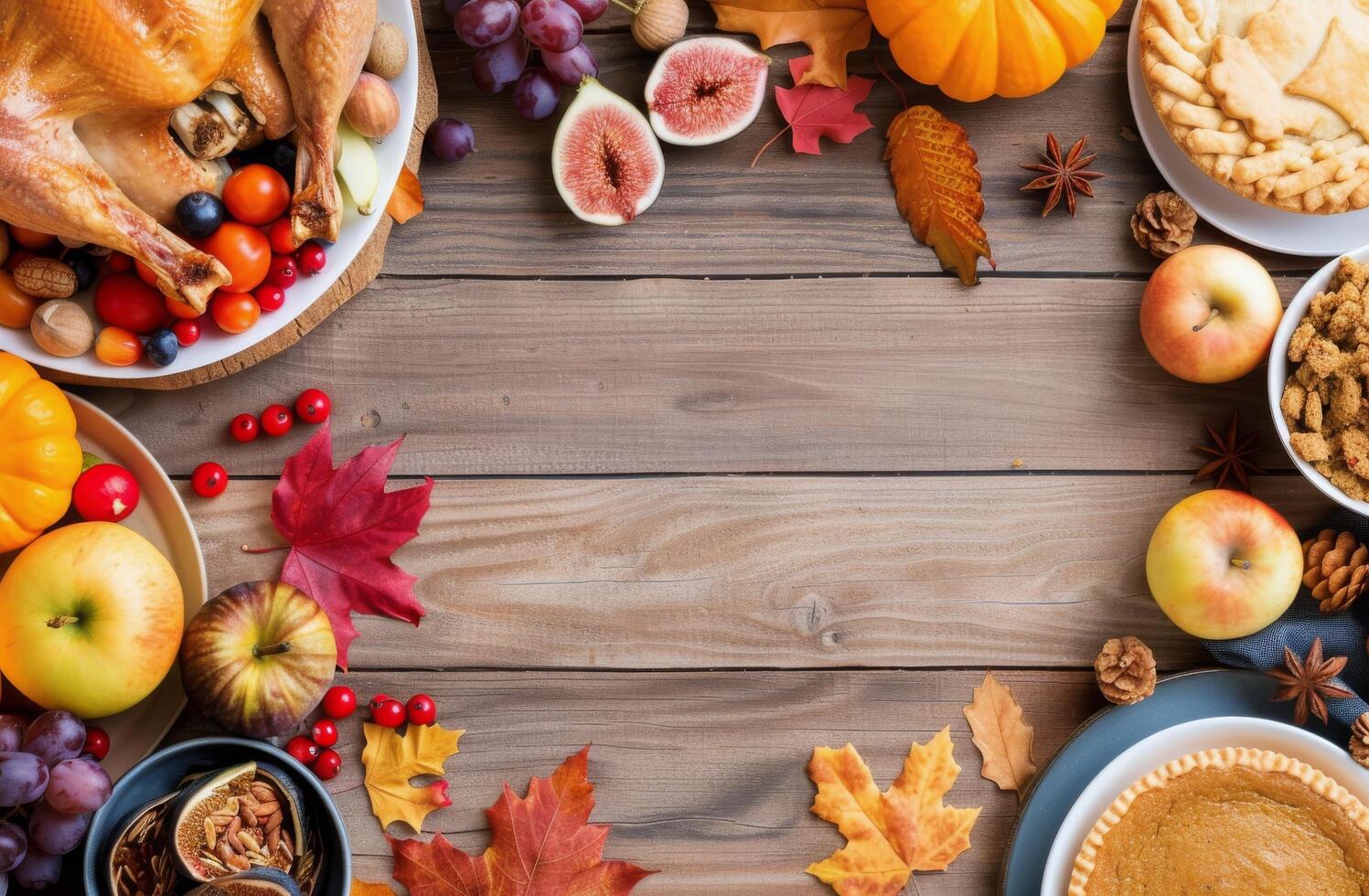 Thanksgiving Feast With Autumn Decorations and Seasonal Foods on Wooden Table photo