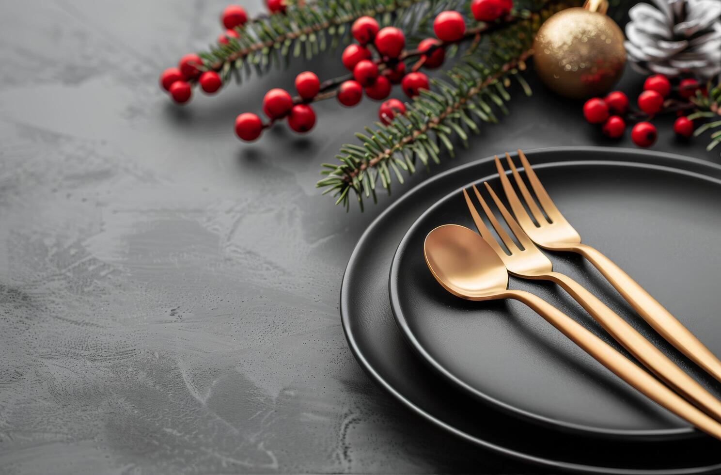 Elegant Holiday Table Setting With Gold Cutlery and Seasonal Decor photo