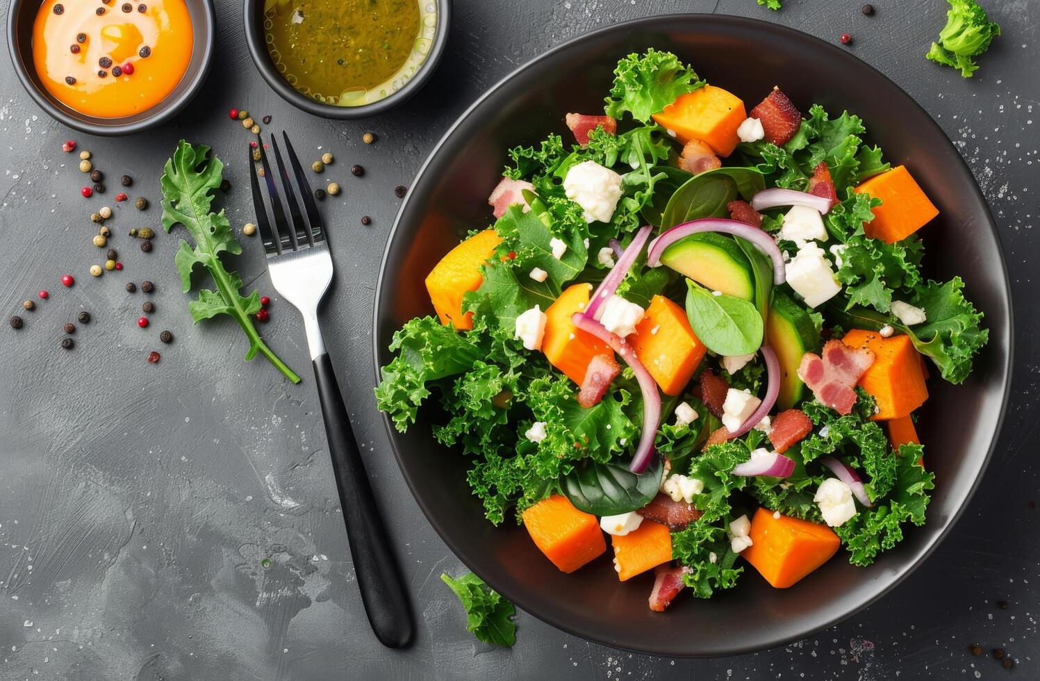 Colorful Kale Salad With Butternut Squash, Bacon, and Pine Nuts on Gray Table photo