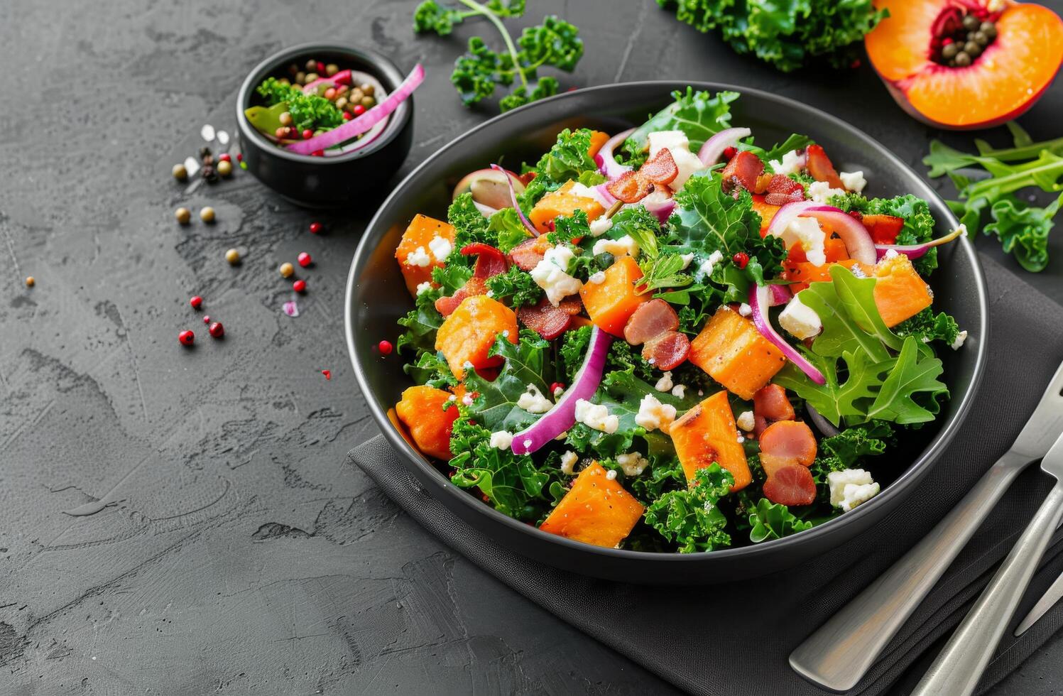 Colorful Kale Salad With Butternut Squash, Bacon, and Pine Nuts on Gray Table photo