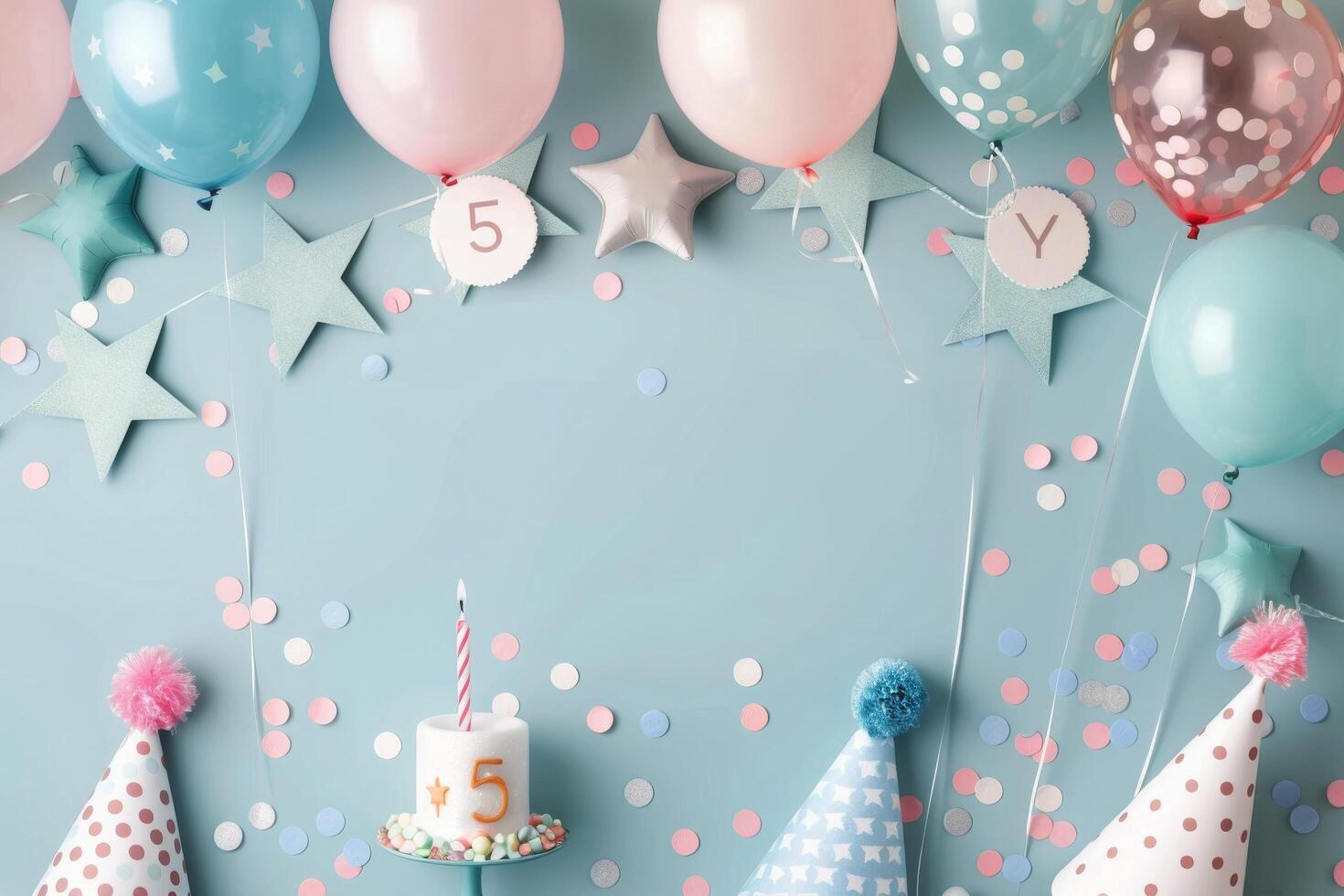 Colorful Birthday Celebration With Balloons and Cake Decorated for a 5-Year-Old photo