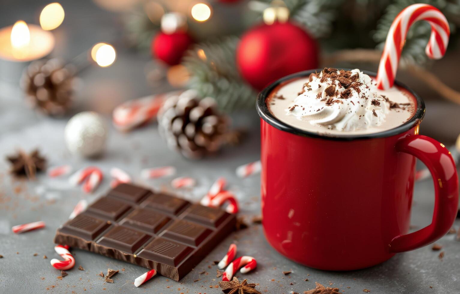 Holiday Hot Chocolate With Peppermint and Decorations on a Rustic Surface photo