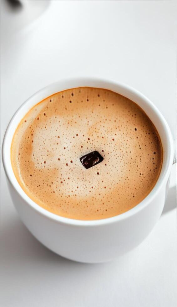 Creamy cappuccino in a white mug with coffee beans on a light background photo