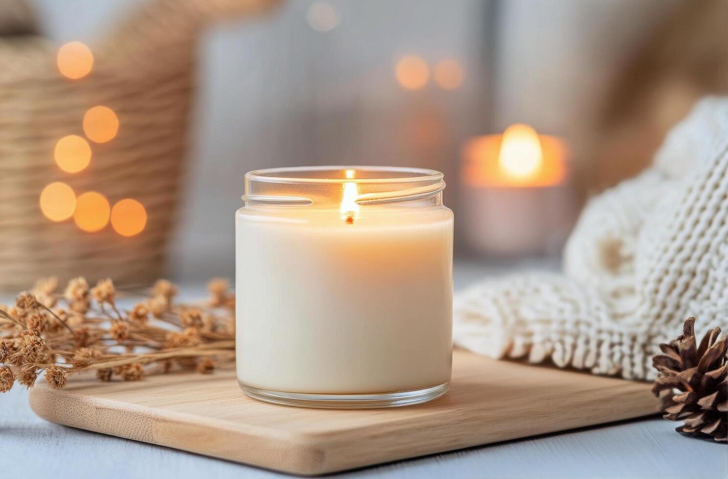 Warm candlelight on a wooden table with cozy decor and soft glowing background photo