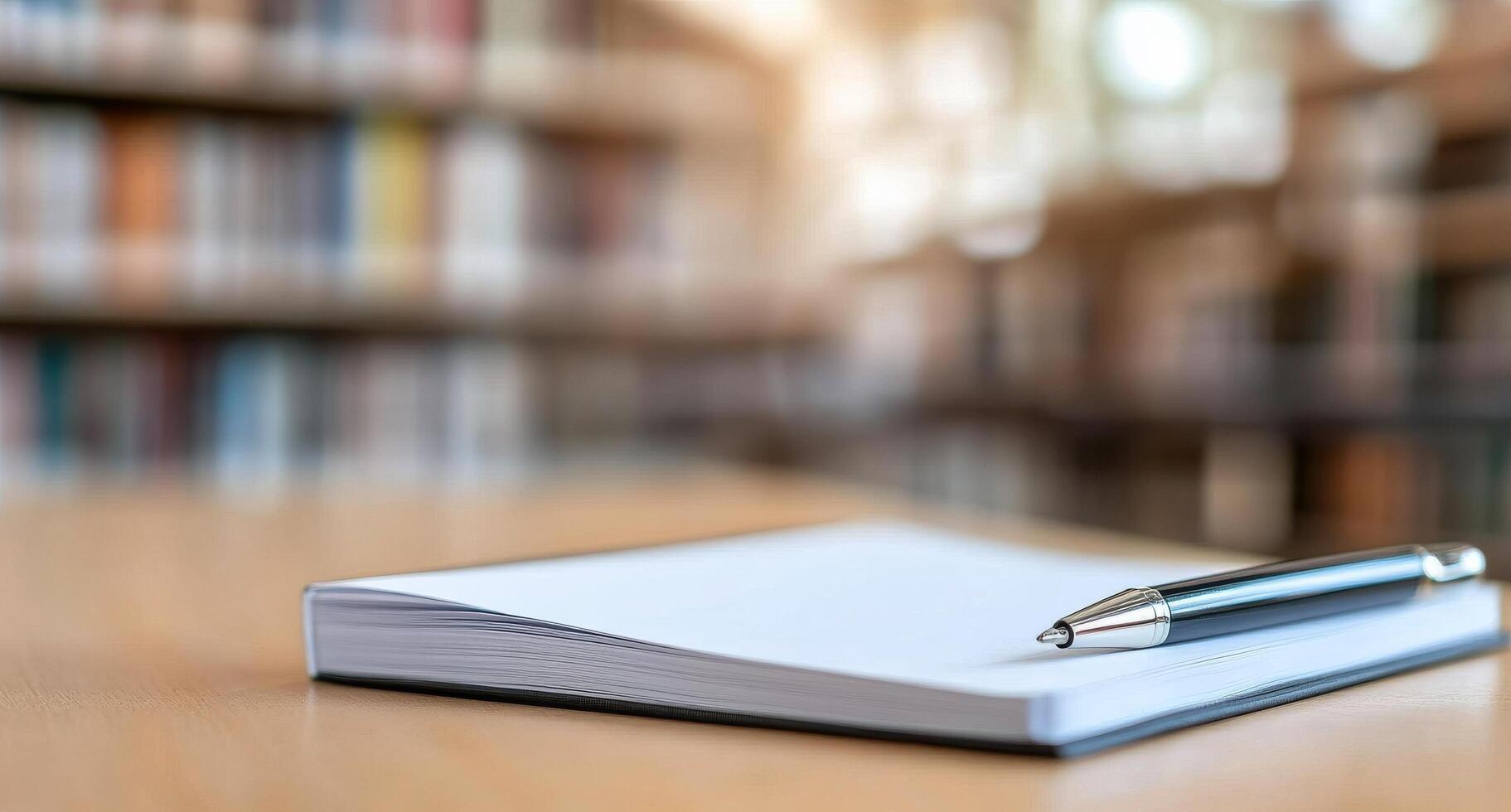 Notebook and pen on a desk in a quiet library during daylight hours photo