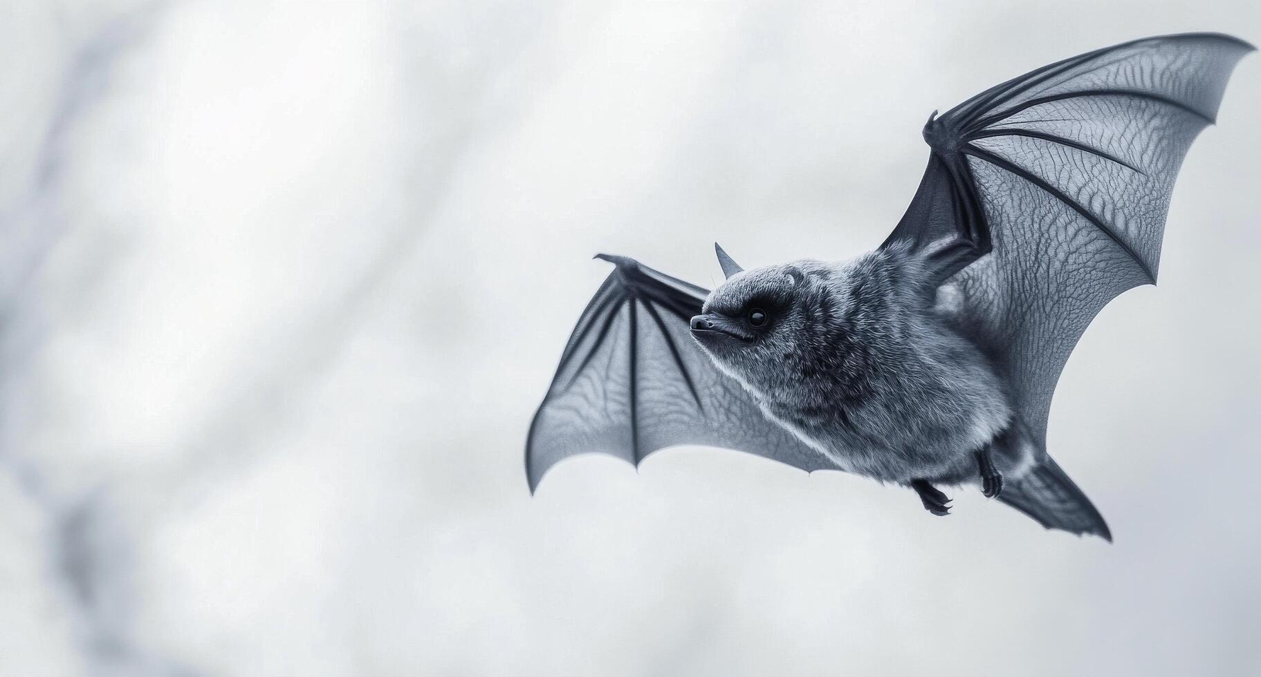 A bat flying against a soft gray background during early morning light photo