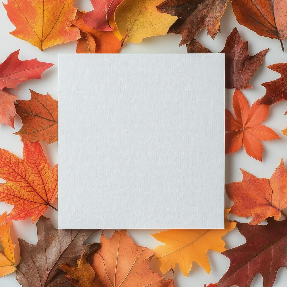 Blank square paper surrounded by vibrant autumn leaves in a warm seasonal arrangement photo