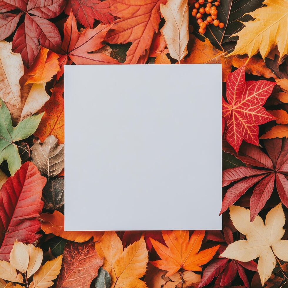 Blank square paper surrounded by vibrant autumn leaves in a warm seasonal arrangement photo