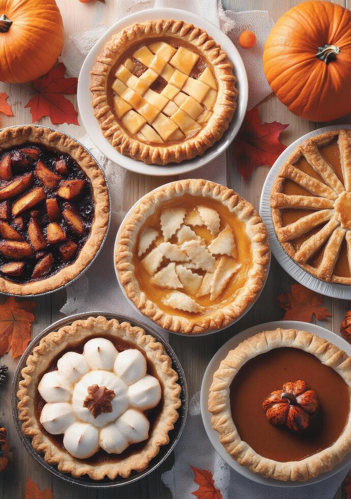 Assorted homemade pies on a table surrounded by pumpkins during autumn photo