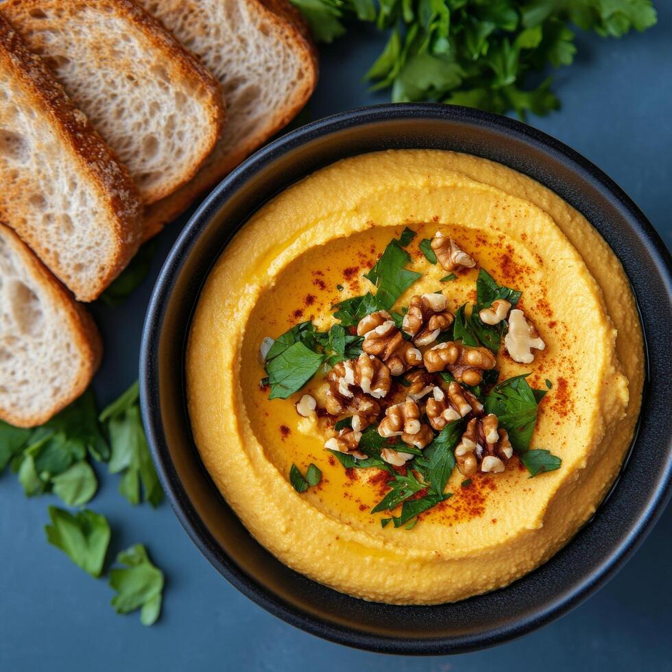 Creamy pumpkin soup topped with walnuts and fresh herbs served with slices of bread photo