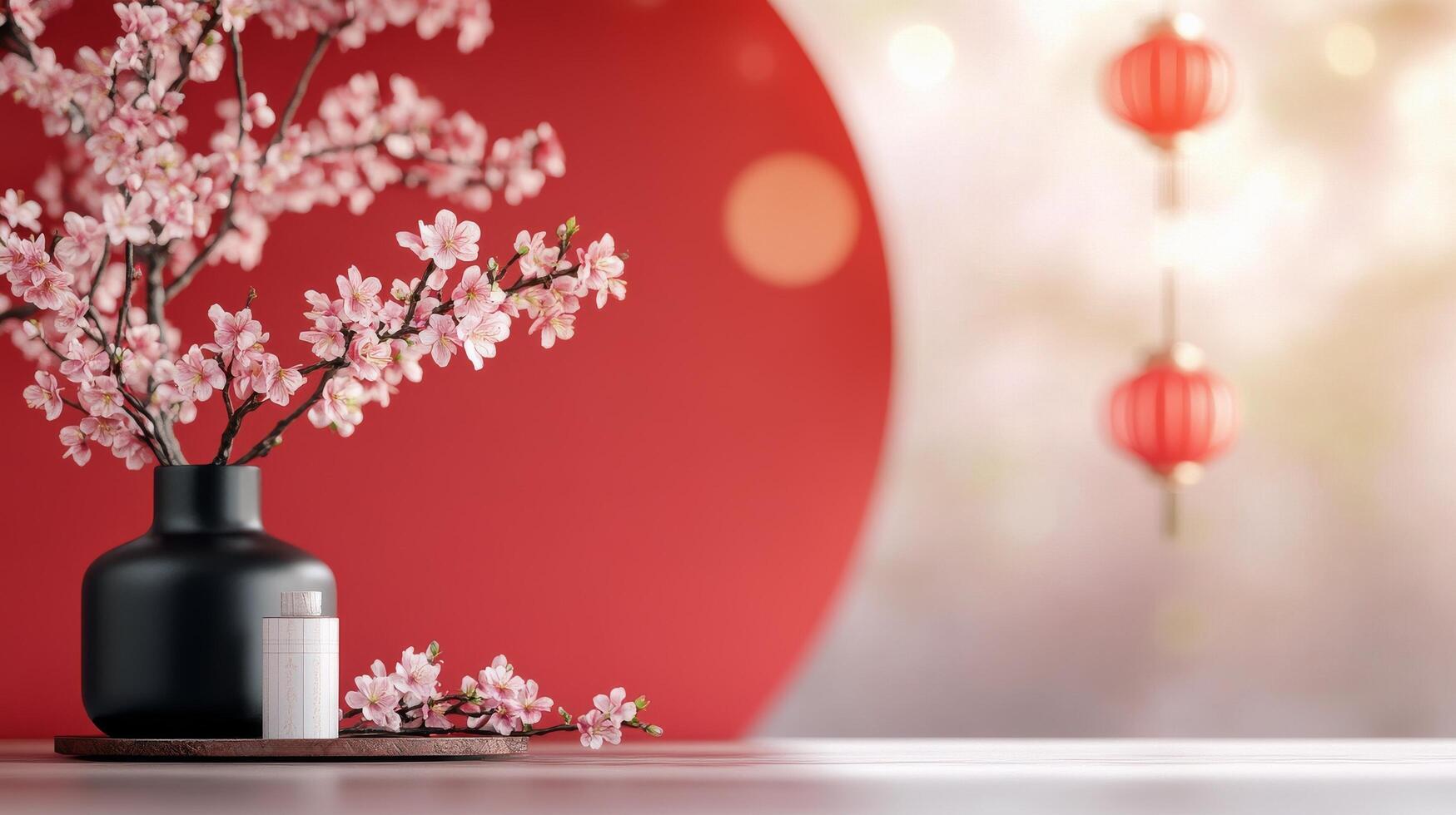 Blossoming cherry branches and red lanterns against a warm-colored wall photo