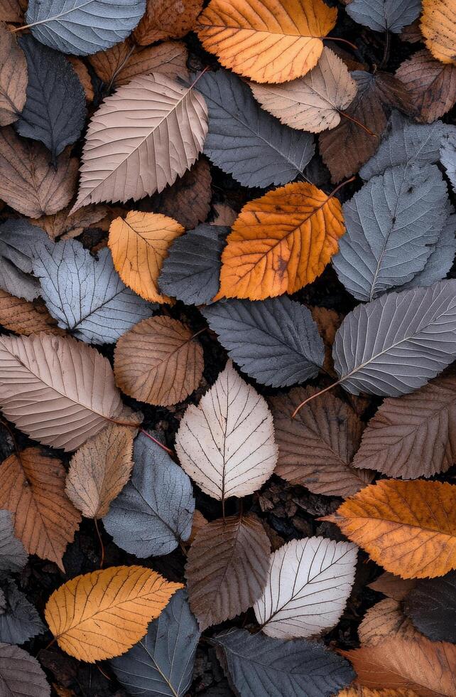 Colorful autumn leaves scattered on the ground during a sunny day in a forest photo