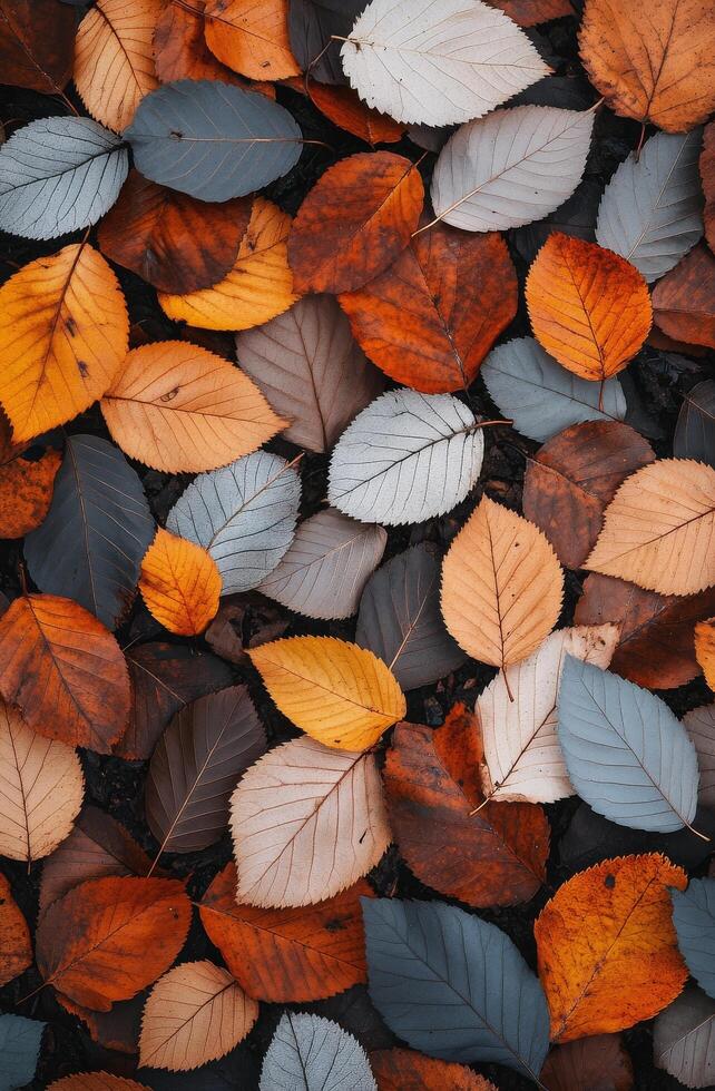 Colorful autumn leaves scattered on the ground during a sunny day in a forest photo