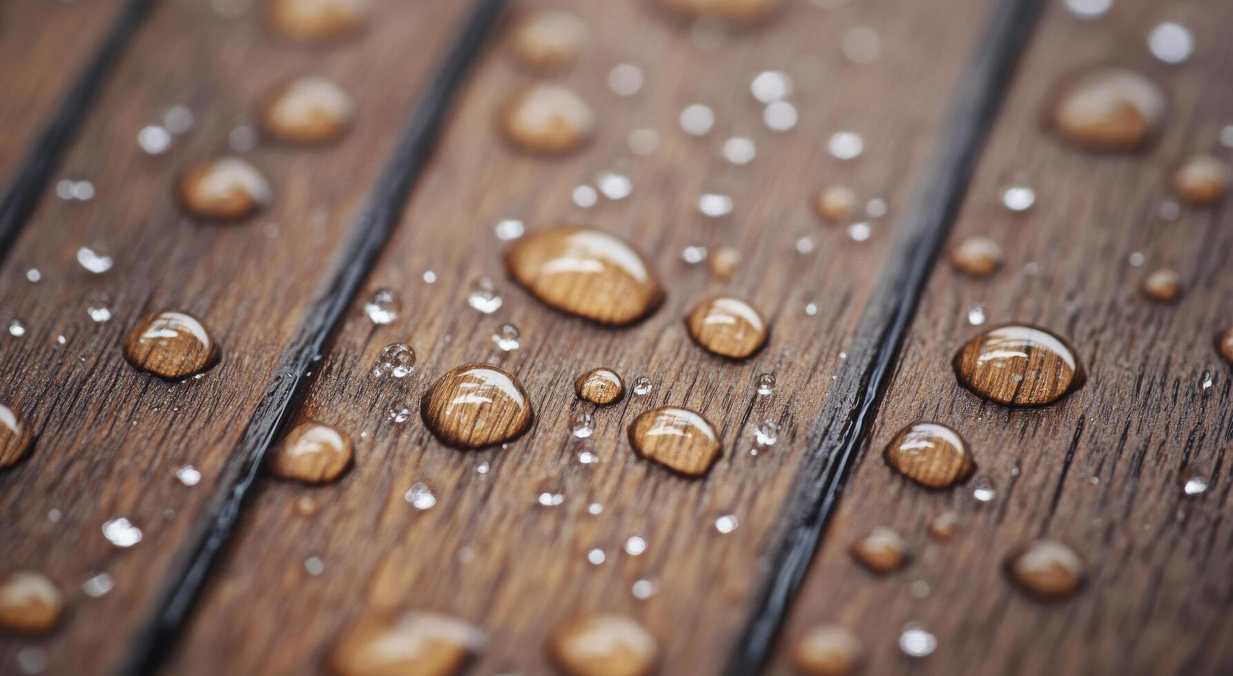 Water droplets resting on textured wooden surface after rainfall photo