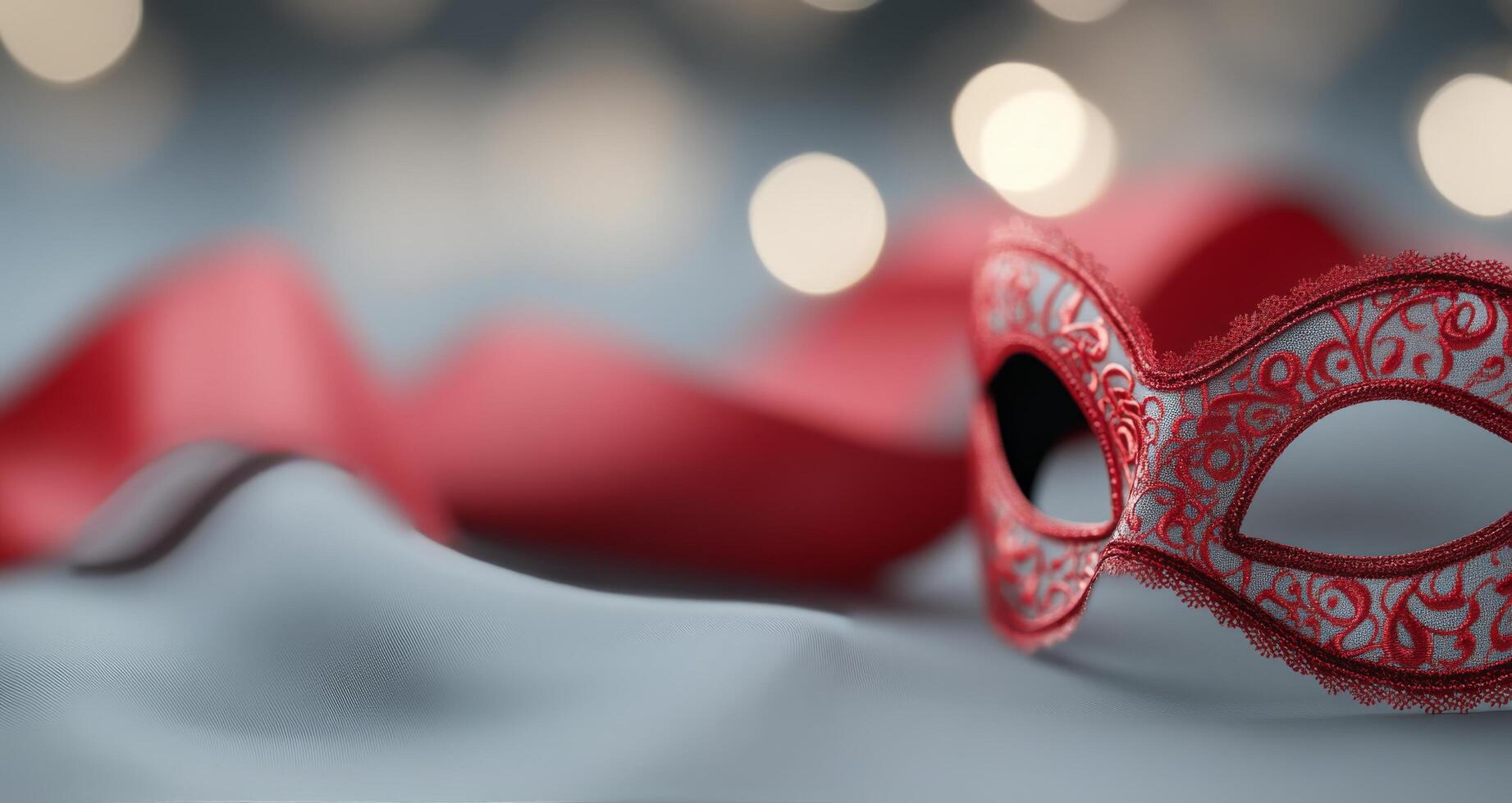 Elegant red mask with ribbon on soft fabric surrounded by twinkling lights photo
