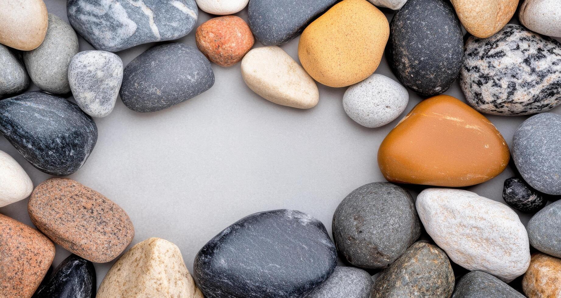 Collection of smooth river rocks in varying shades on a natural surface photo