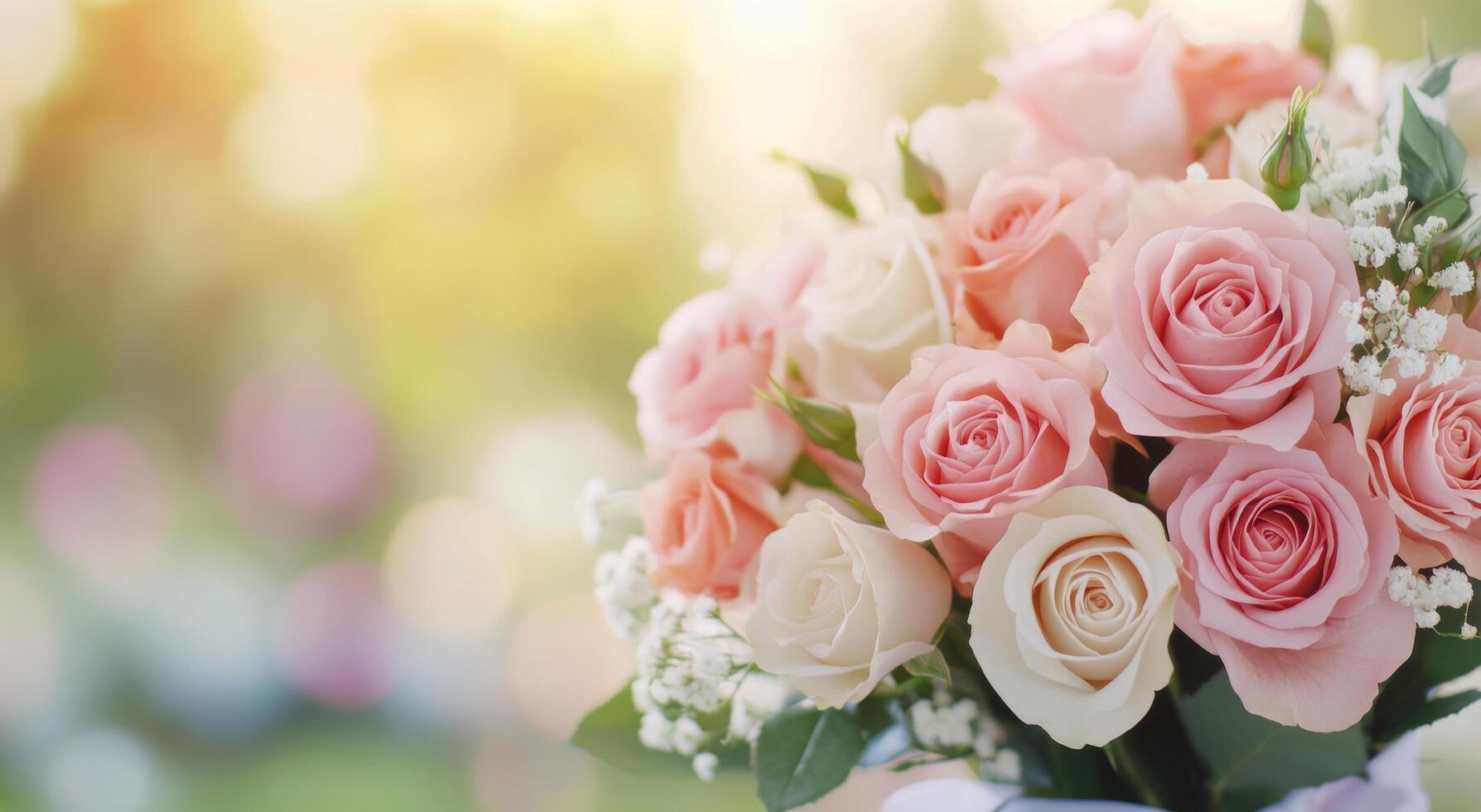 Bouquet of pink and cream roses with a blank gift card placed in a sunlit outdoor setting photo