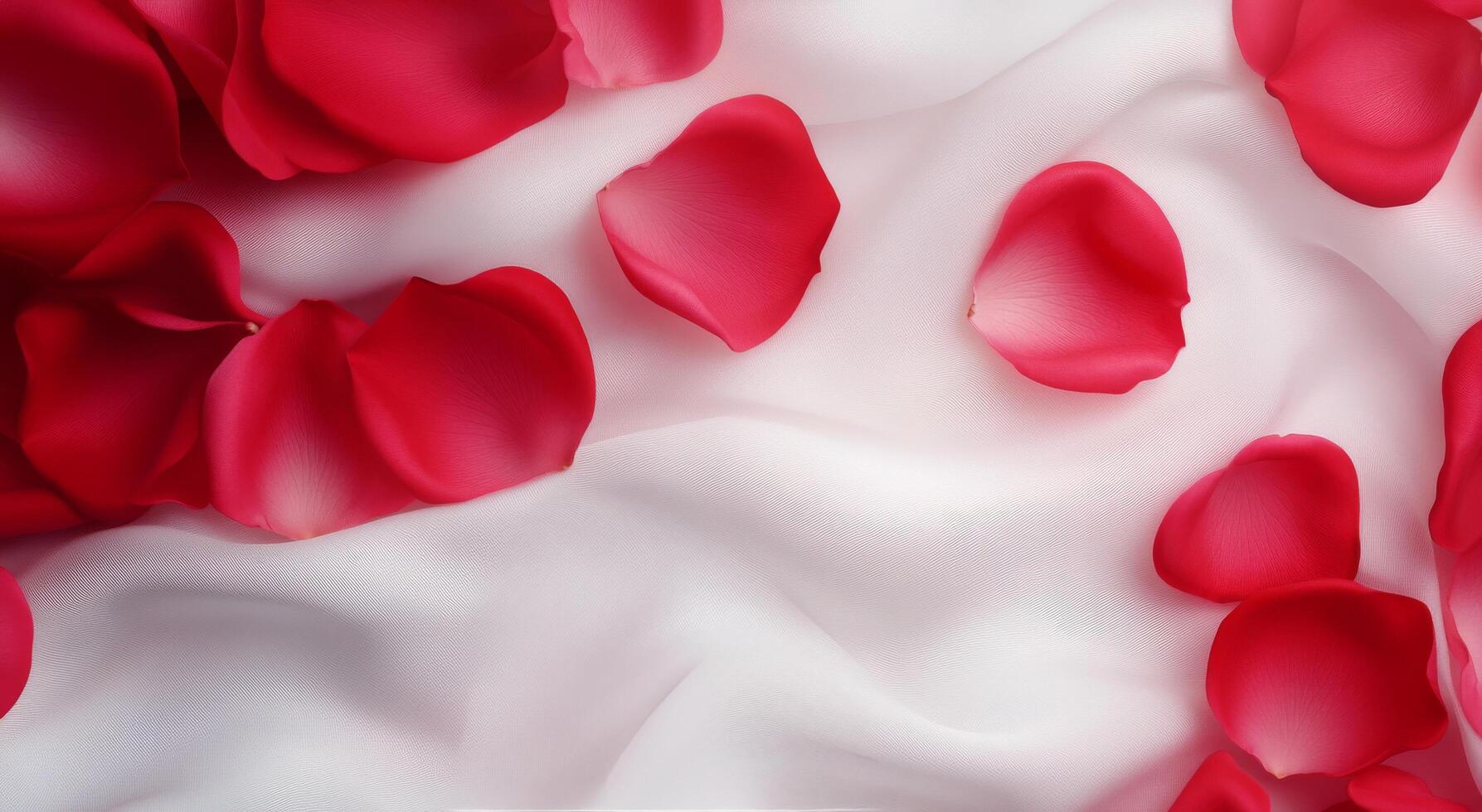 Red rose petals scattered on soft white fabric in an intimate setting photo