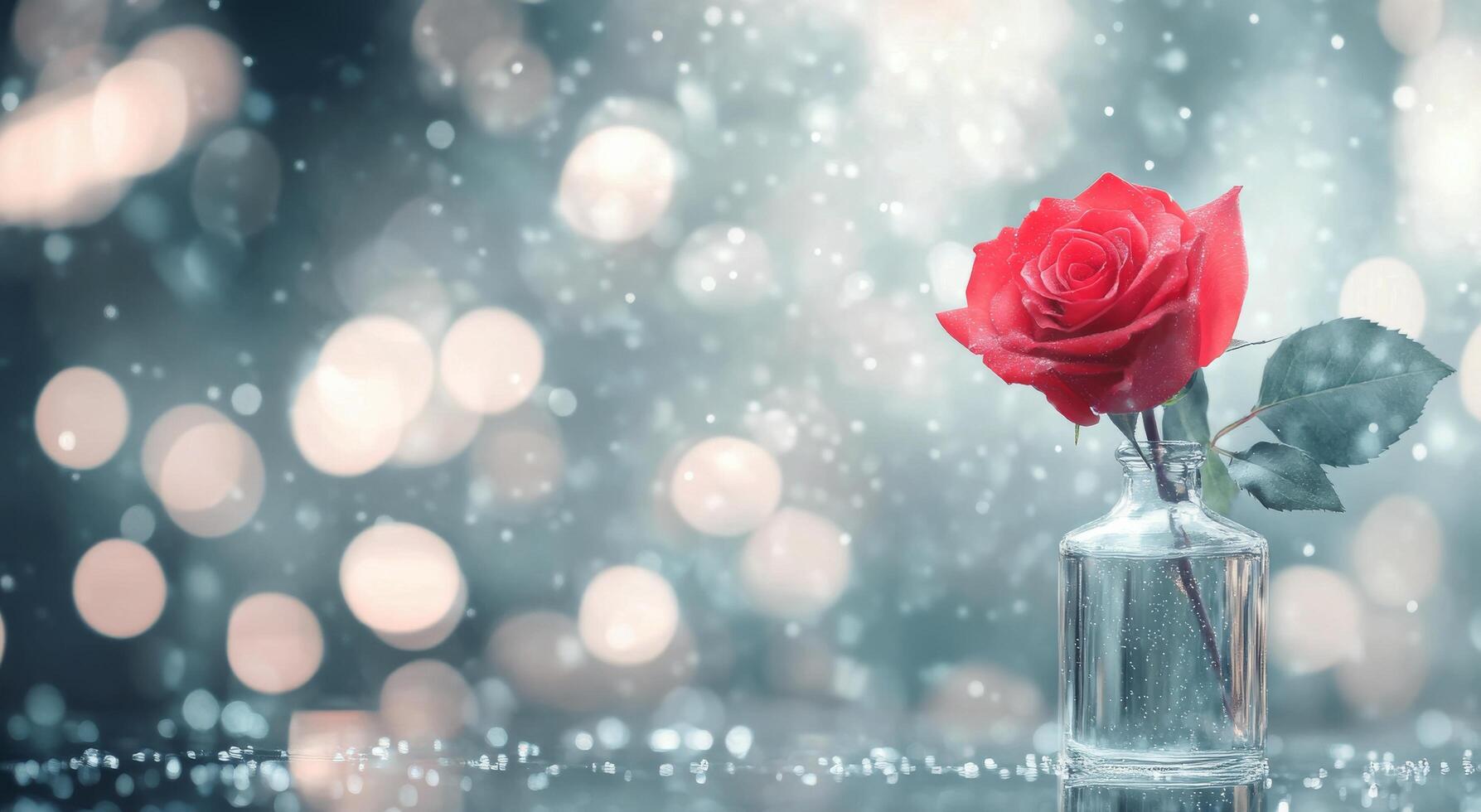 A red rose resting on a reflective surface after rainfall with blurred lights in the background photo