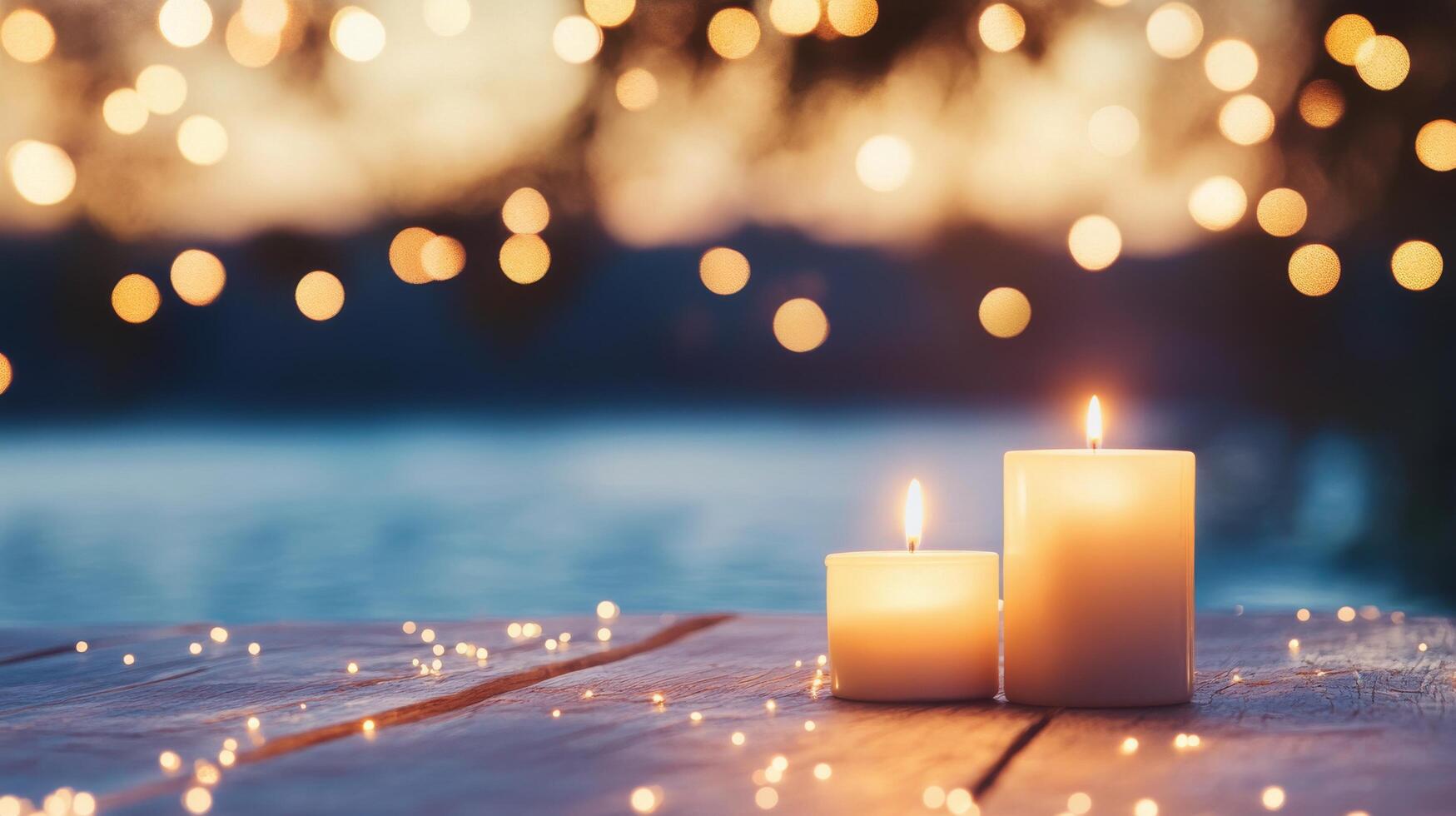 Three lit candles on a wooden table with a soft, blurred background at dusk photo