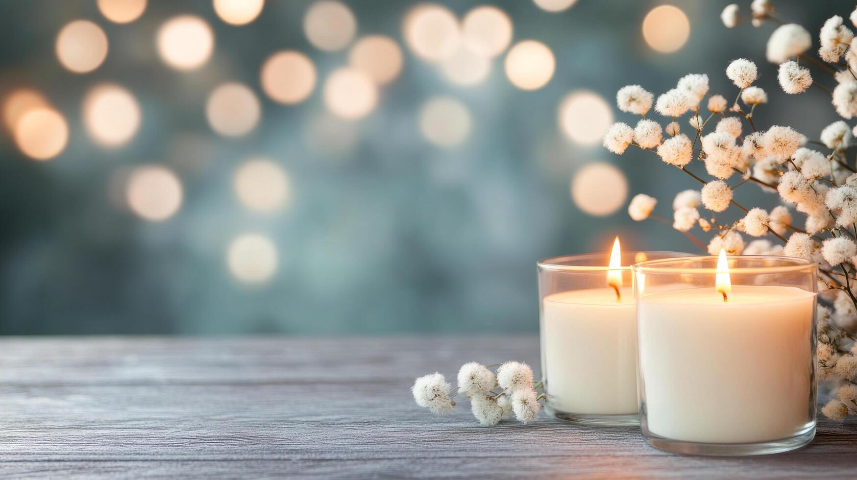 Three lit candles on a wooden table with a soft, blurred background at dusk photo