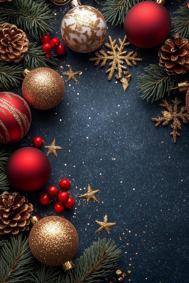 Festive holiday setting with red drinks, pinecones, and ornaments on a dark countertop photo