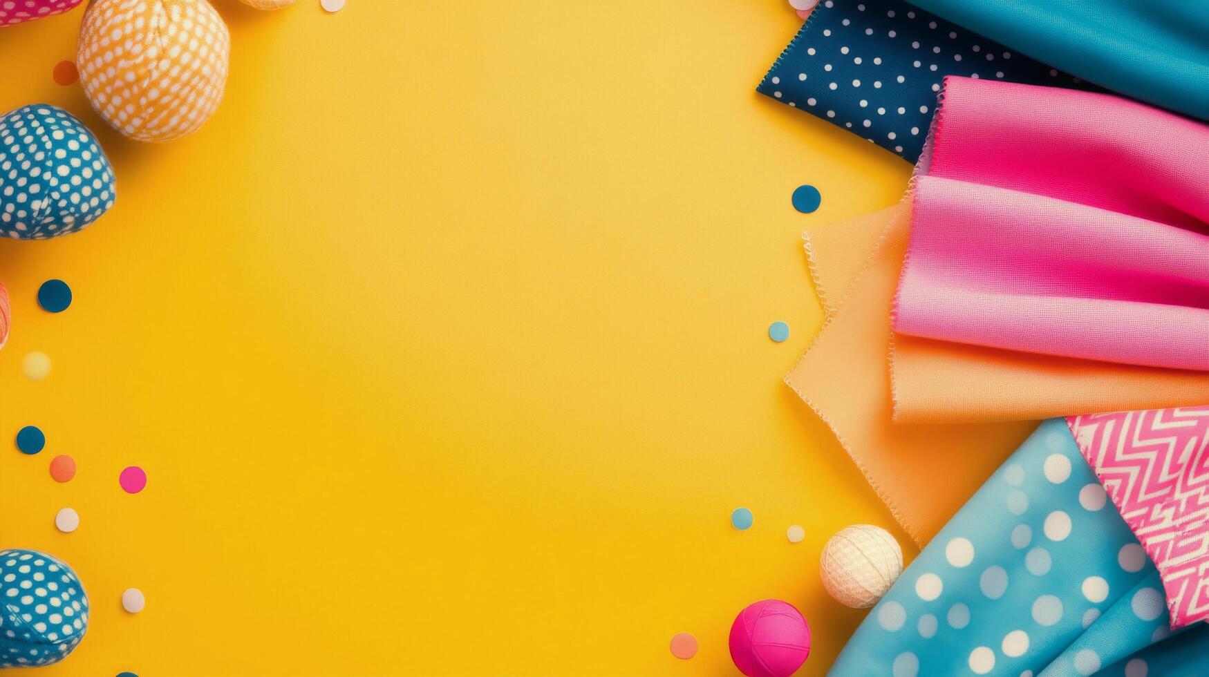 Colorful rolled fabrics on a bright yellow background arranged artistically photo