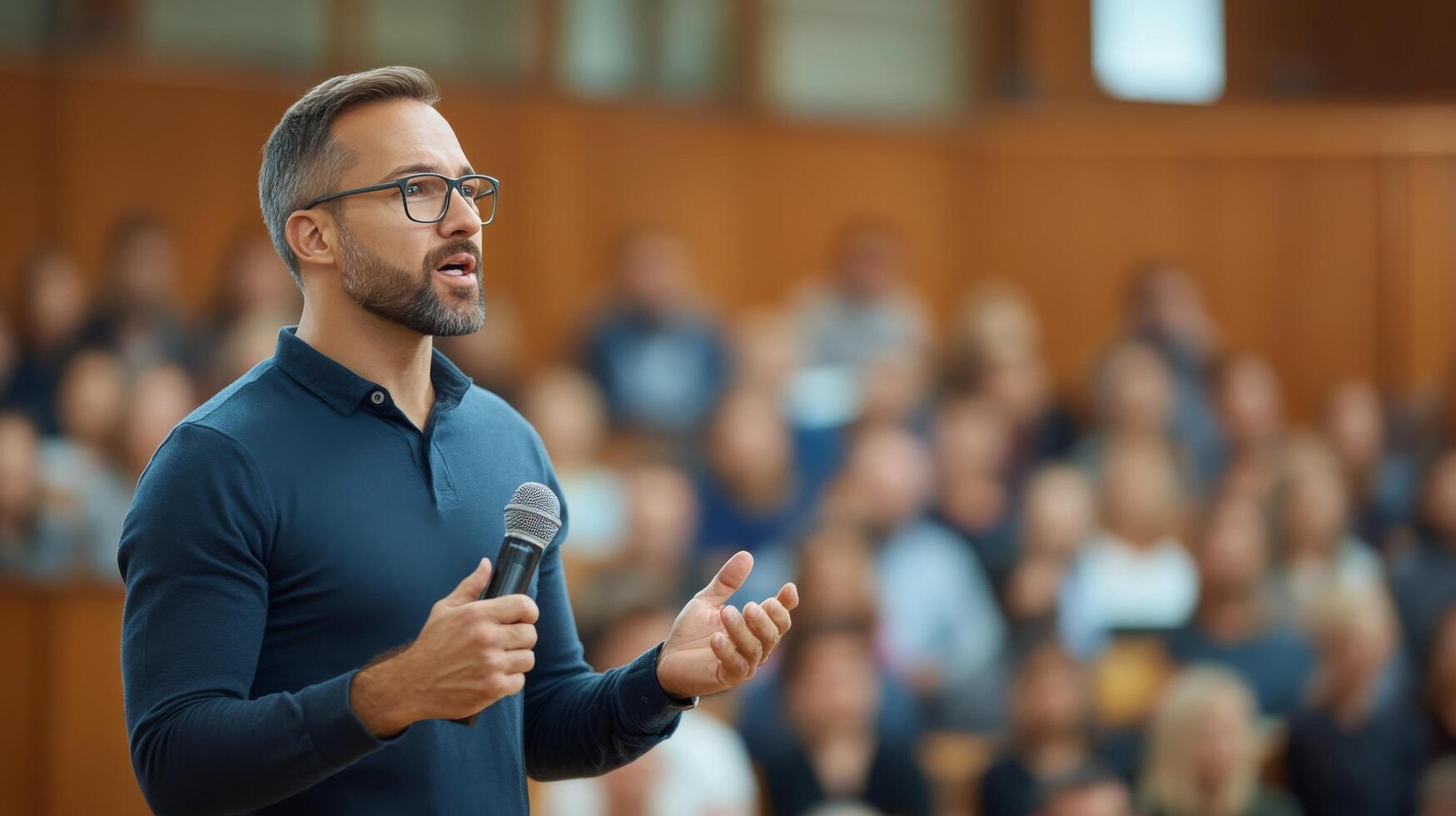 Motivational speaker engaging an audience in a large gymnasium during an event photo
