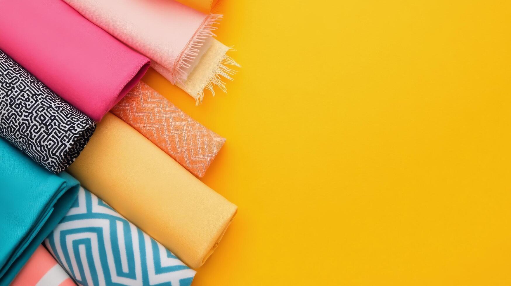 Colorful rolled fabrics on a bright yellow background arranged artistically photo
