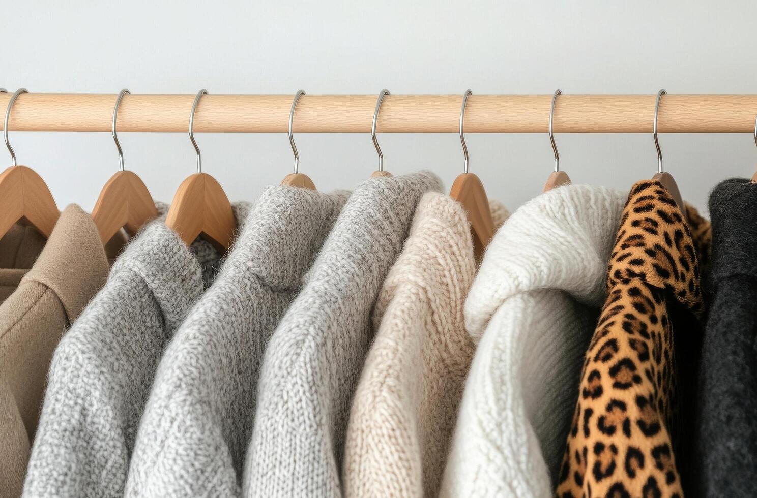 Cozy sweaters displayed on a wooden rack in a neutral-toned fashion setting photo