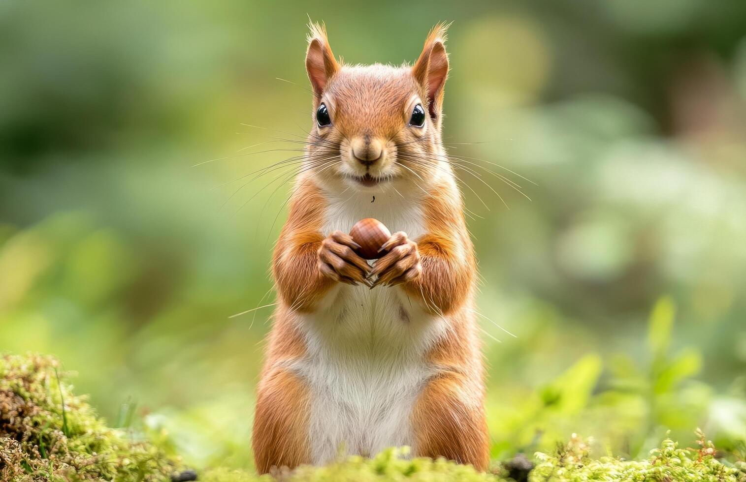Squirrel holding an acorn in a lush green forest during daylight photo