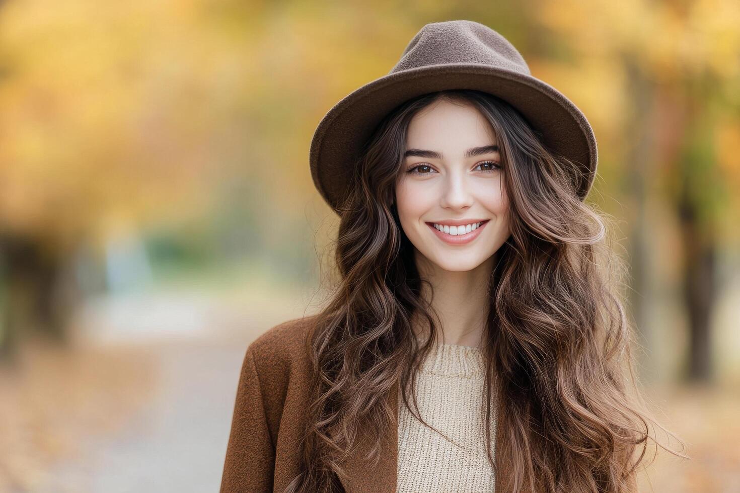 Young woman smiling in a brown hat during autumn in a wooded area photo