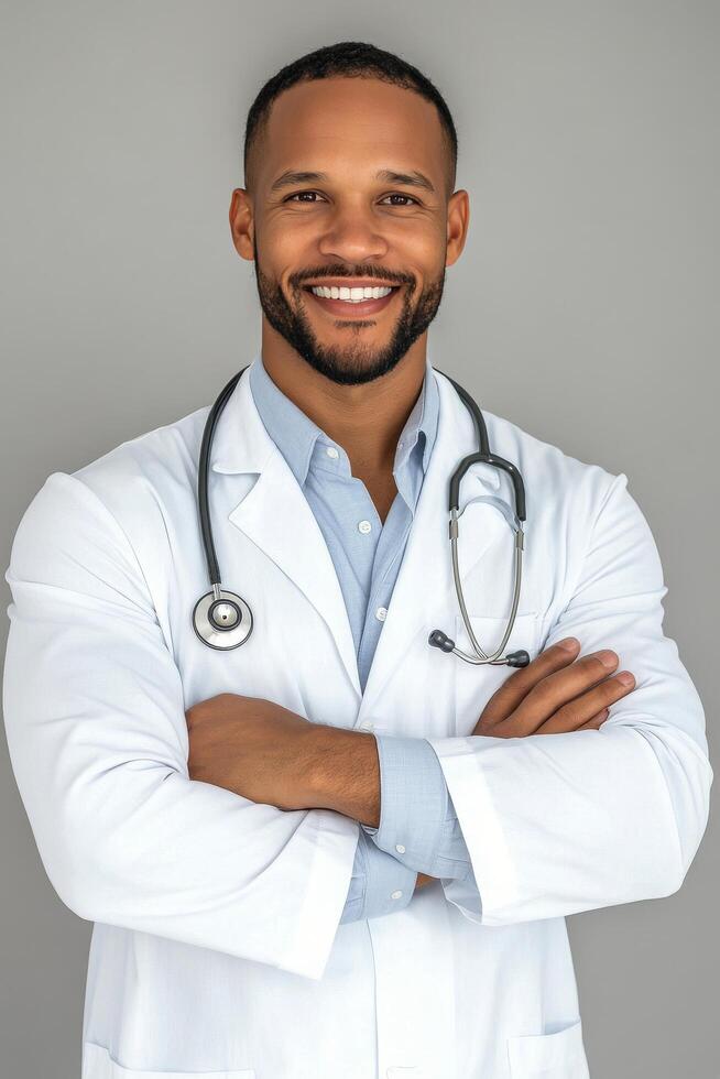 Confident doctor in a white coat smiles warmly in a clinical setting photo