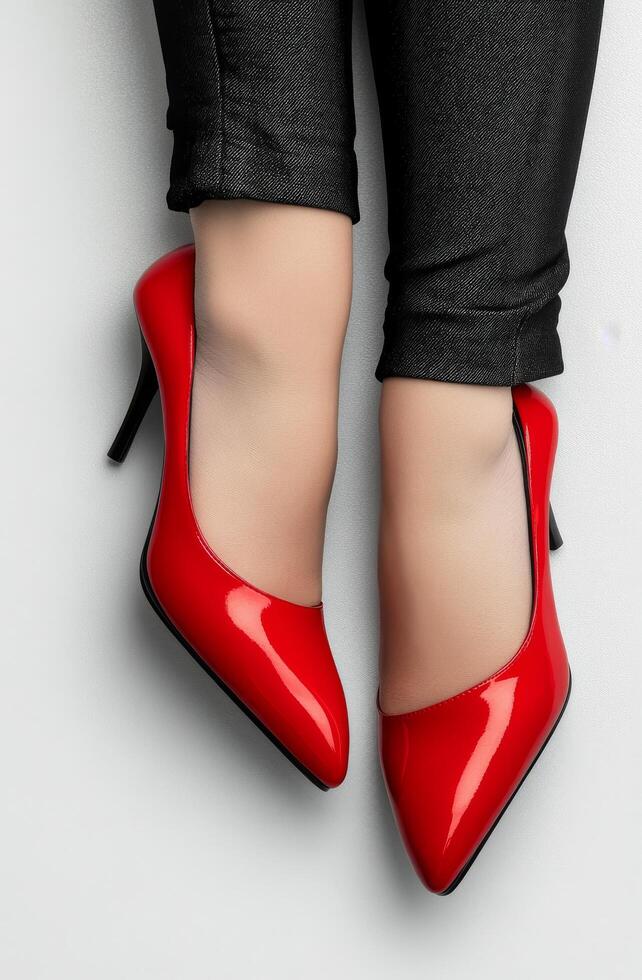 Glossy red high heels on white background showcasing sleek design and elegant style photo