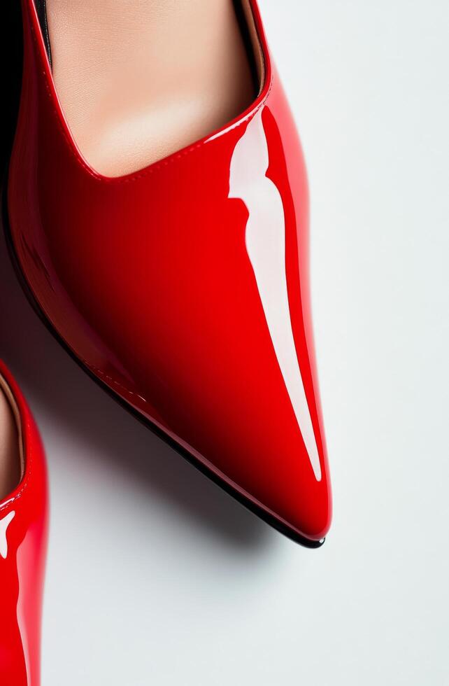 Glossy red high heels on white background showcasing sleek design and elegant style photo
