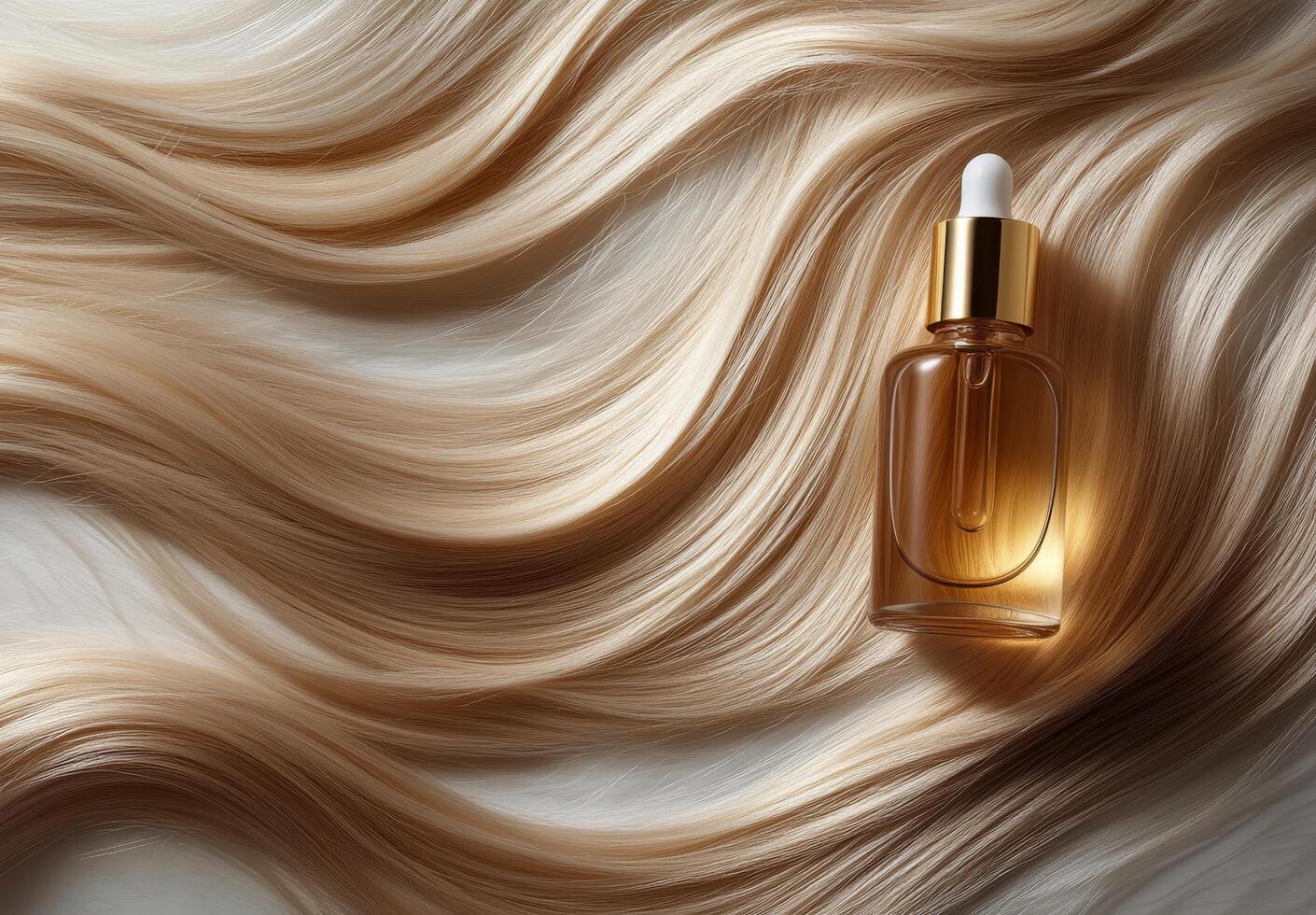 Hair serum and silky strands displayed on a soft surface photo