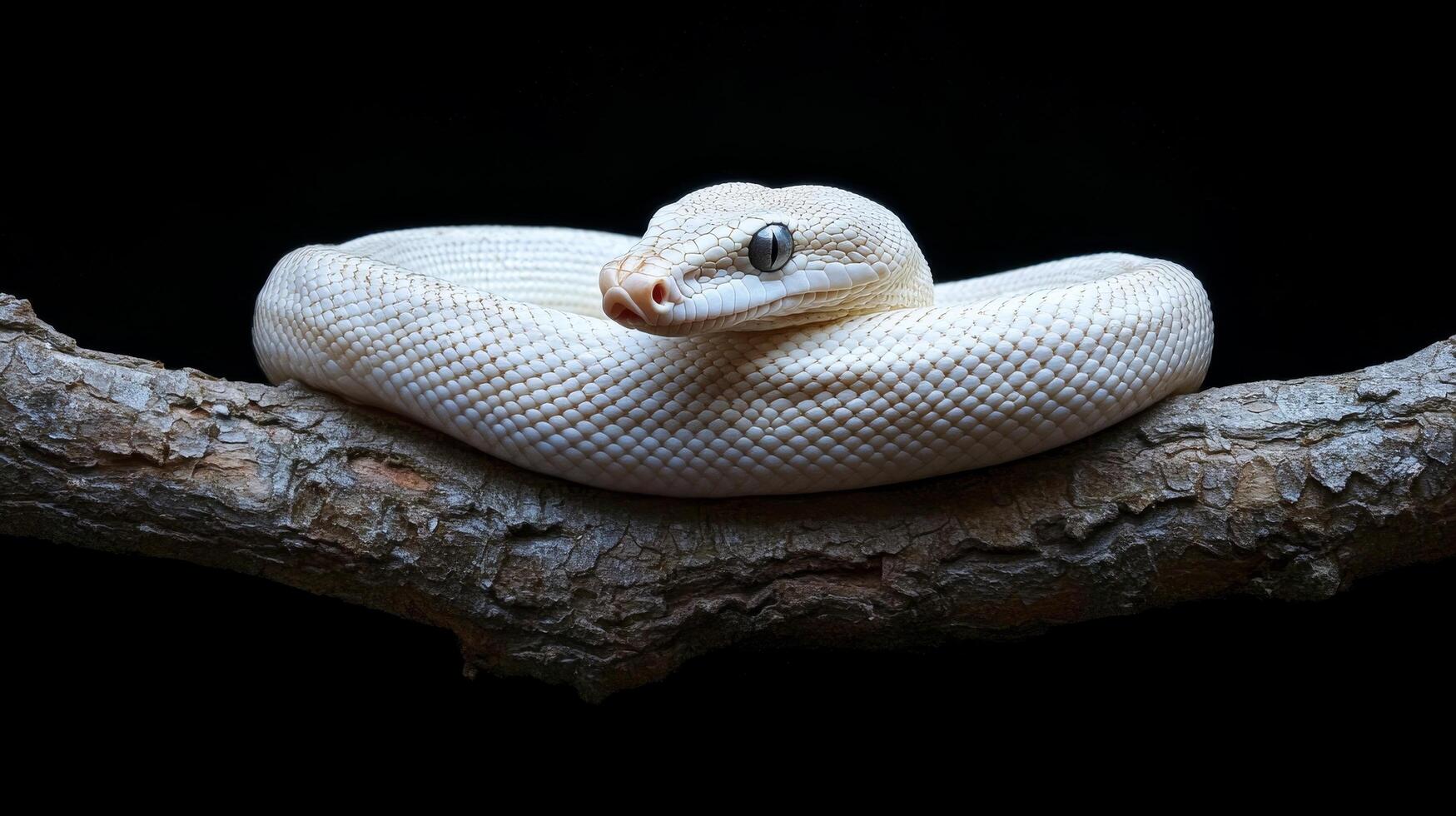 White snake resting on a branch in a dark environment at night photo