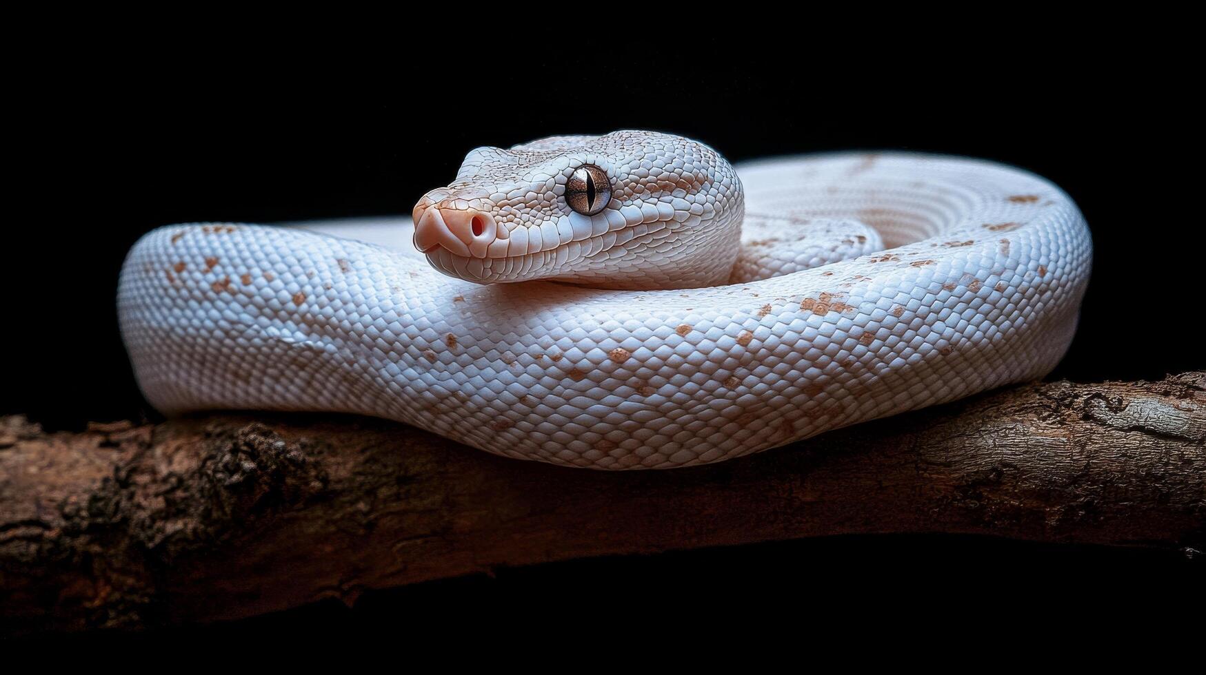 White snake resting on a branch in a dark environment at night photo