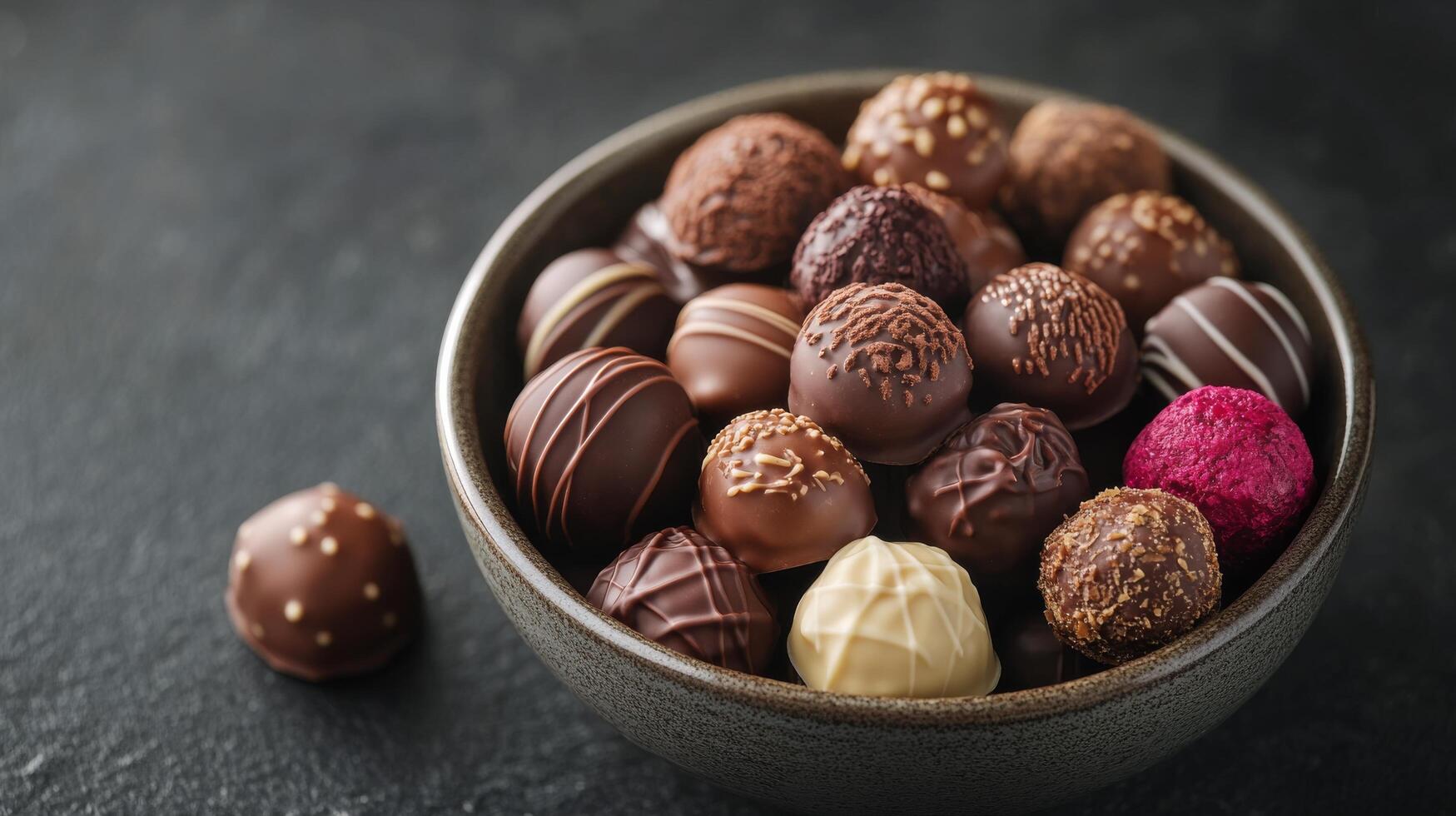 Assorted chocolate truffles arranged in a dark bowl on a textured surface photo