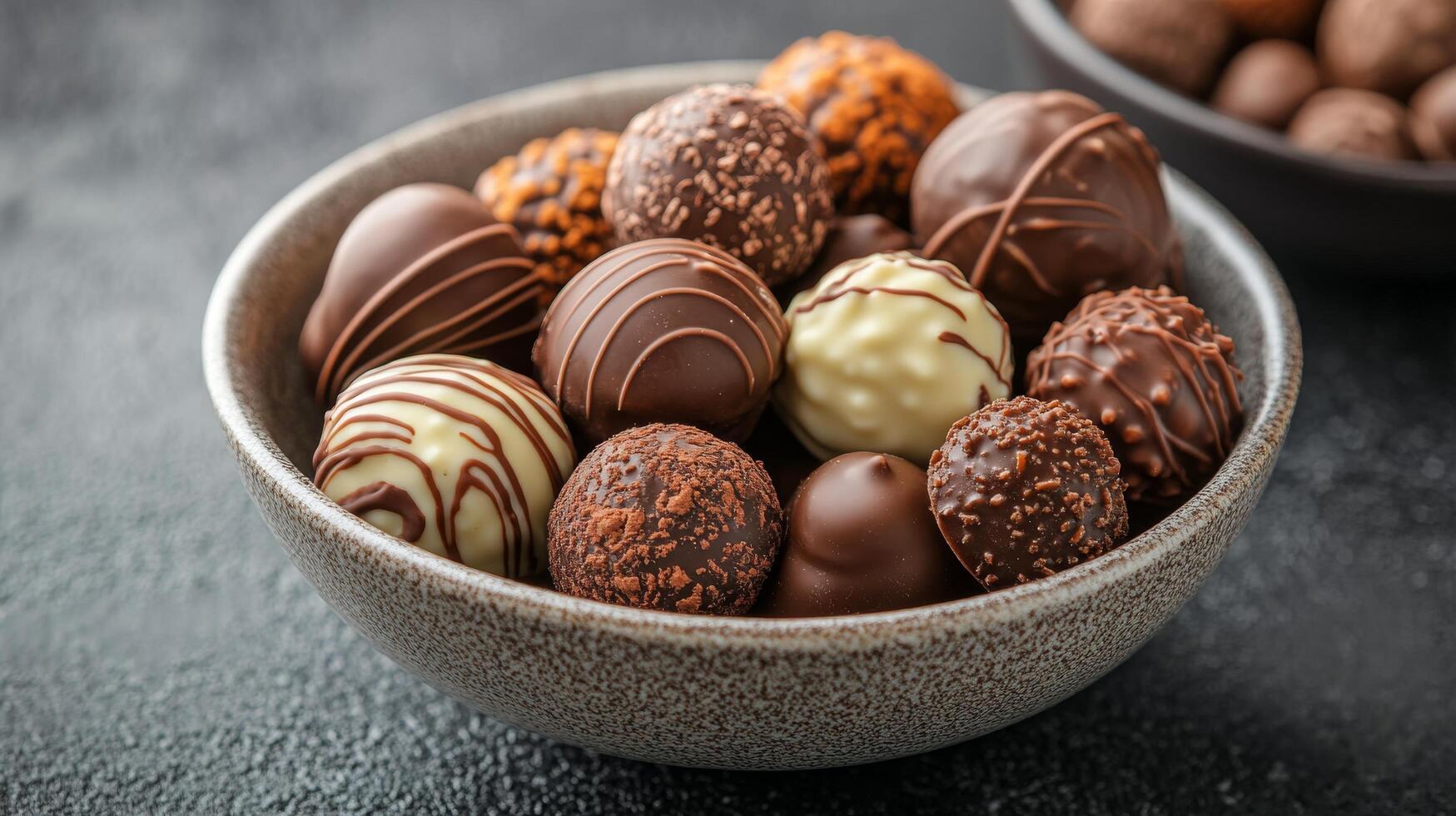 Assorted chocolate truffles arranged in a dark bowl on a textured surface photo