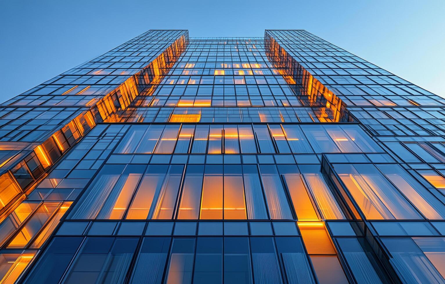 Modern glass building illuminated at dusk in an urban setting photo