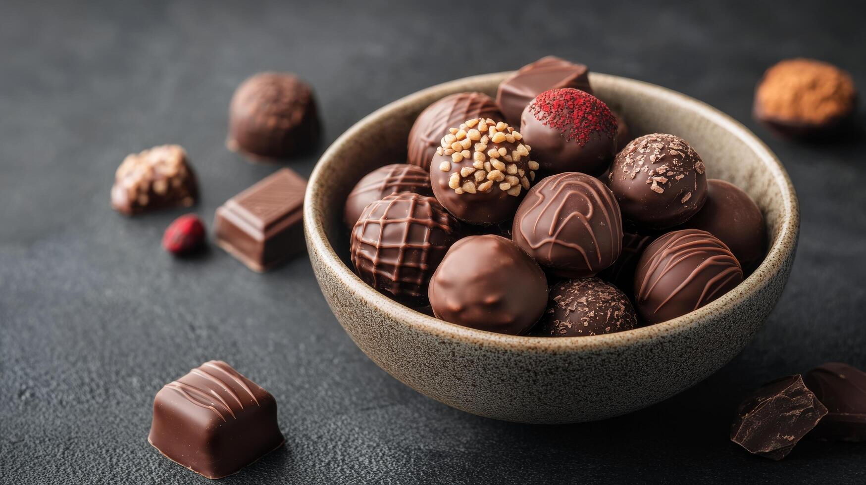 Assorted chocolate truffles arranged in a dark bowl on a textured surface photo