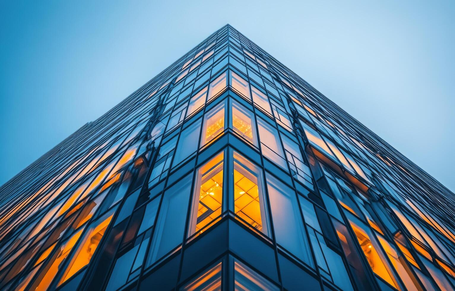 Modern glass building illuminated at dusk in an urban setting photo