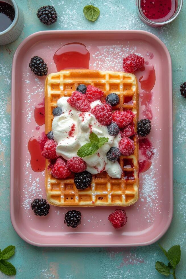 Delicious waffles topped with raspberries and cream served on a pink plate in spring photo